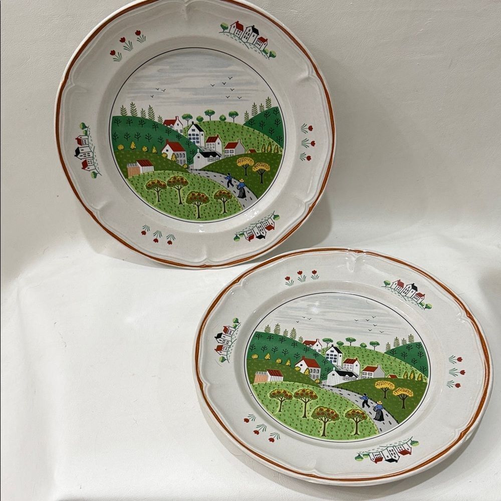 Newcor Stoneware 10 1/2 In Large Dinner Plates Country Village Scene Japan Set 2